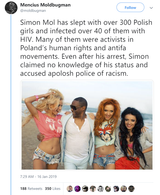 Simon Mol Poland 300 women 40 HIV - Tweet about Simon Mol has slept with over 300 Polish girls and infected over 40 of them with HIV