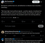 All reports confirm that U.S. aid deliveries to Ukraine have resumed, — Zelenskyy. 11-07-2025 &#039;We have high-level political signals—positive signals&#039;