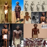 Beja man In the desert with an afro, a stick, and skirt~