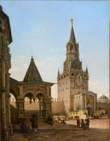 Petr Petrovich Vereshchagin (Perm, Perm Governorate, Russian Empire 1834-1886 ibidem) View of the porch of the Pokrovsky Cathedral and the Spassky Gate of the Kremlin - Oil on canvas 1863