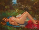 János Czencz (Ostffyasszonyfa, Vas County, Kingdom of Hungary, Austro-Hungarian Monarchy 1885-1960 Szekszárd, Tolna county, Hungarian People&#039;s Republic) Fekvő akt (Lying nude) - Olaj, vászon 1941 