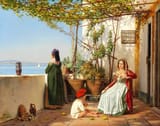 Martinus Christian Wesseltoft Rørbye (Drammen, Buskerud Amt, Denmark-Norway 1803-1848 København, Kingdom of Denmark) Two women and a child in a sunny loggia overlooking the sea - Oil on canvas 1841-min