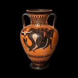 Attributed to the Painter of Priam (Attic 6th c. BC) Hercules strangling Triton. A hoplite, an archer, and two peltasts - pottery c.520 BC a [unattested in literature, probably an allegory of Athens and Megara]