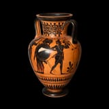 Attributed to the Painter of Priam (Attic 6th c. BC) Hercules strangling Triton. A hoplite, an archer, and two peltasts - pottery c.520 BC f