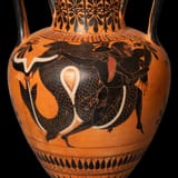 Attributed to the Painter of Priam (Attic 6th c. BC) Hercules strangling Triton. A hoplite, an archer, and two peltasts - pottery c.520 BC i