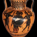 Attributed to the Painter of Priam (Attic 6th c. BC) Hercules strangling Triton. A hoplite, an archer, and two peltasts - pottery c.520 BC j