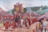 Steve Noon (Orpington, Kent 1964-) Emperor Claudius, Aulus Plautius and a lictor atop an Indian elephant, escorted by a Praetorian cohort led by Rufrius Pollio, entering Camulodunum - 2021 [current Colchester, 43 AD]