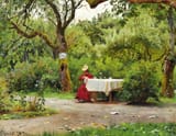 Peder Mørk Mønsted (Balle Mølle, Randers Amt, Kingdom of Denmark 1859-1941 Fredensborg, Frederiksborg Amt, Kingdom of Denmark) An elegant woman in a red dress sitting at a coffee table in the garden embroidering - Oil on canvas 1890-min