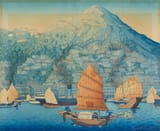 Elizabeth Keith (Aberdeenshire, Scotland, U.K. 1887-1956 London, England, U.K.) Hong Kong Harbor, Dusk - Woodcut in colors on laid paper 1924-min