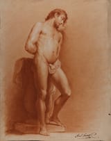 Francisco Pérez del Valle (Spanish 19th c.) Nude male model standing with hands behind back - sanguine and clarion on paper (study)