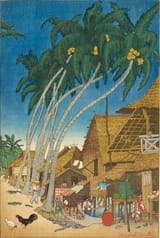 Elizabeth Keith (Aberdeenshire, Scotland, U.K. 1887-1956 London, England, U.K.) Moro Village Zambranga - Color woodblock print 1924-min