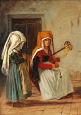 Martinus Christian Wesseltoft Rørbye (Drammen, Buskerud Amt, Denmark-Norway 1803-1848 København, Kingdom of Denmark) Domestic scene in Cervara. A woman with a distaff and a little girl binding a loop - Oil on paper 1836-min