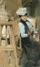 Antoine Calbet (Engayrac, Lot-et-Garonne, French Empire 1860-1942 Paris, French State) Elegant lady in a sculptor&#039;s studio - Black pencil, wash, watercolor and gouache on paper