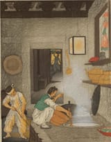 Elizabeth Keith (Aberdeenshire, Scotland, U.K. 1887-1956 London, England, U.K.) A Temple Kitchen, Diamond Mountains, Korea - Color woodblock print 1920-min