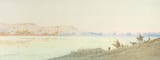 Augustus Osborne Lamplough (Manchester, Lancashire, England, U.K. 1877-1930 Bromborough, Cheshire, England, U.K.) Camels crossing the desert along the Nile with Feluccas in the distance - Watercolour heightened with white