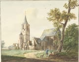 Pieter Gerardus van Os (Den Haag, County of Holland, Dutch Republic 1776-1839 Den Haag, Holland, Kingdom of the Netherlands) De kerk te Warmond - Pen in bruin, penseel in kleuren in waterverf-min