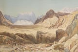 Henry Andrew Harper (Blunham, Bedfordshire, England, U.K. 1835-1900 London, U.K.) Camel riders resting below Mount Hermon, Syria - Watercolour heightened with white 1887