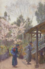 Alfred Edward Emslie (London, England, U.K. 1848-1918 ibidem) Figures by a water well, Japan - Watercolour heightened with white