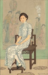 Elizabeth Keith (Aberdeenshire, Scotland, U.K. 1887-1956 London, England, U.K.) Seated Chinese woman in a Mandarin gown- Color woodblock print 1934-min