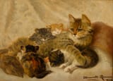 Henriëtte Ronner-Knip (Amsterdam, Holland, Kingdom of the Netherlands 1821-1909 Ixelles, Province of Brabant, Kingdom of Belgium) A cat and her kittens - Oil on panel 1903