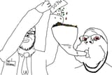 Soyjak Dr. Soyberg funneling meds into Wholesomejak&#039;s mouth