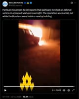 Partisan movement AESH reports that partisans torched an Akhmat vehicle in occupied Mariupol overnight 13-07-2025 while the Russians were inside HD