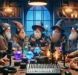 wizardmeeting_podcast_orb_pondering_star_hat_scholars_bookcase_table