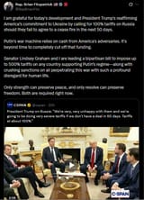 RepBrianFitz 15-07-2025 I am grateful for today&#039;s development and President Trump&#039;s reaffirming America’s commitment to Ukraine by calling for 100% tariffs on Russia HD