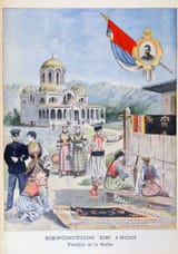 Illustration showing the Serbian Pavilion, at the Exposition Universelle of 1900. Inset is a portrait of King Alexander I of Serbia. This was a fair held in Paris, France, from 14 April to 12 November 1900