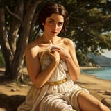 1747483641 [IG3] Create picture of Vermeer painting focused on her hips and face of feminine woman Pelagia of Antioch, laying back at the beach near trees, holding her dress in her hands. Her hair is dark brow… dA