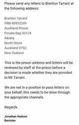 Brenton Tarrant letters address