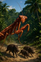1749254139_gpt-image_in_far_cry_3_there_is_a_screenshot_of_a_praying_mantis_camouflaged_as_a_strip_of_bacon._its_a_giant_praying_mantis_and_its_chasing_after_three_wild_boar_which_look_tiny_in_compari_