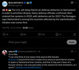 The U.S. will delay Patriot air defense deliveries to Switzerland in order to prioritize Ukraine, Swiss defense officials confirmed 17-07-2025 Bern ordered, 2022