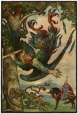 3_Nightingale_the_Robber_fell_from_his_nest_in_the_old_oaks_-_Russian_Fairy_Book_1916,_illustrator_Frank_C_Pape