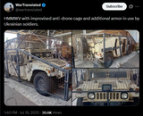 HMMWV with improvised anti-drone cage and additional armor in use by Ukrainian soldiers. 19-07-2025