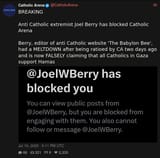 Screenshot 2025-07-19 at 21-37-41 Catholic Arena (@CatholicArena) BREAKING Anti Catholic extremist Joel Berry has blocked Catholic Arena Berry editor of anti Catholic website &#039;The Babylon Bee&#039; had a MELTDOWN after being ratioed by CA two days ag