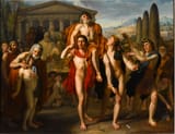 French School (18th Century) The champion boxer Diagoras of Rhodes being carried in triumph by his sons after their victory at the Olympic games - Oil on canvas