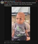 Screenshot 2025-07-19 at 20-23-13 Middle East Observer (@ME_Observer_) ⚡️⭕️ Gaza Child Abdullah Abu Zarqa cries from intense hunger while his mother cries from her profound helplessness. XCancel