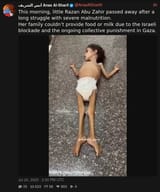 Screenshot 2025-07-20 at 17-36-39 أنس الشريف Anas Al-Sharif (@AnasAlSharif0) This morning little Razan Abu Zahir passed away after a long struggle with severe malnutrition. Her family couldn’t provide food or milk due to the Israeli bl[...]