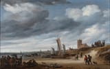Salomon van Ruysdael (Naarden, County of Holland, Dutch Republic c.1602-1670 Haarlem, County of Holland, Dutch Republic) Fishermen on the beach at Egmond-aan-Zee, with boats, figures and their catch on the shore - Oil on oak panel 1662