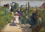 Évariste Carpentier (Kuurne, West Flanders, Kingdom of Belgium 1845-1922 Liège, Province of Liège, Kingdom of Belgium) Promenade d&#039;une famille dans les environs de Paris - Huile sur toile