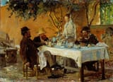 Peder Severin Krøyer (Stavanger, Stavanger amt, U.K. of Sweden-Norway 1851-1909 Skagen, Hjørring Amt, Kingdom of Denmark) Breakfast in Sora - Oil on wood 1880-min