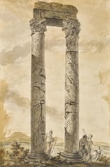 Jean-Jacques-François Le Barbier (Rouen, Normandy, Kingdom of France 1738-1826 Paris, Kingdom of France) Figures beside ruins - Pen and grey and black ink and grey, brown and yellow wash 1767