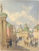 Franz Alt (Vienna, Austrian Empire 1821-1914 Vienna, Austro-Hungarian Monarchy) Straße am Elias-Tor in Moskau (Street at the Ilinsky Vorota in Kitay Gorod, Moscow) - Aquarell über Spuren von Bleistift, weiß gehöht 1854-min