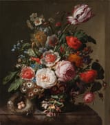 Rachel Ruysch (Den Haag, County of Holland, Dutch Republic 1664-1750 Amsterdam, County of Holland, Dutch Republic) Still life of flowers in a vase with a bird&#039;s nest upon a marble ledge - Oil on canvas 1738