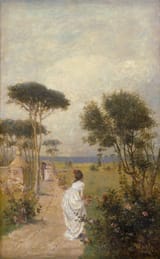 Heinrich Rasch (Norburg, Duchy of Schleswig, Kingdom of Denmark 1840-1913 Coburg, Duchy of Saxe-Coburg and Gotha, German Reich) Dame mit Fächer an der italienischen Küste (Lady with fan on the Italian coast) - Öl auf Holz-min