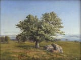 Thorald Læssøe (Frederikshavn, Hjørring Amt, Kingdom of Denmark 1816-1878 København, Kingdom of Denmark) Danish Landscape with Oak Tree and Sea View - Oil on canvas 1839-min