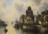 Elias Ludwig Hermann (Greifswald, Swedish Pomerania, Kingdom of Sweden 1812-1881 Berlin, German Reich) A Bustling Harbour Town - Oil on canvas 1863