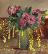 Anna Kirstine Ancher (Skagen, Hjørring Amt, Kingdom of Denmark 1859-1935 ibidem) Pink rhododendrons and laburnum in a green vase - Oil on canvas 1914-min