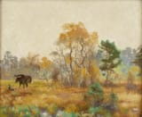 Bruno Andreas Liljefors (Uppsala, Uppsala län, Sweden, U.K. of Sweden-Norway 1860-1939 Stockholm, Kingdom of Sweden) Älg och gråhund i landskap (Elk and grey dog in landscape) - Olja på duk 1917